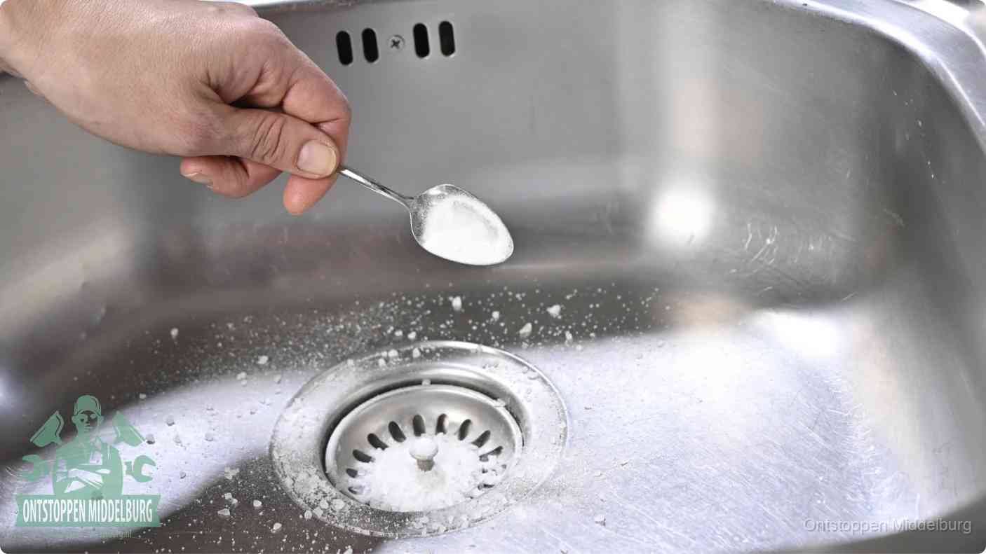 Een hand strooit met een lepel soda in de afvoer van een roestvrijstalen spoelbak, de soda en azijn huismiddel-methode om de afvoer te ontstoppen in Middelburg