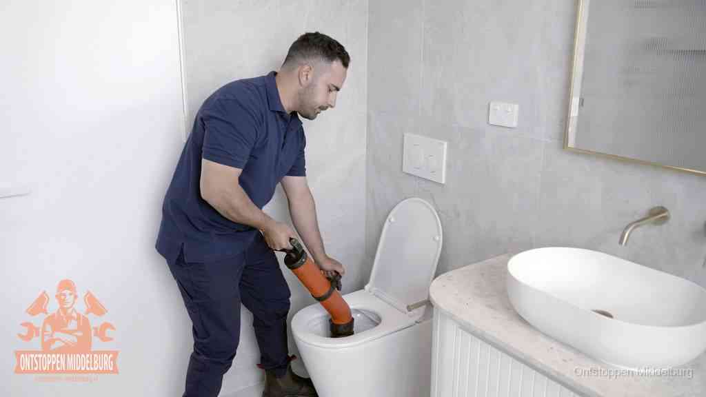Een man gebruikt een handmatige luchtdruk-ontstopper in een modern betegeld toilet om zelf de wc te ontstoppen in Middelburg